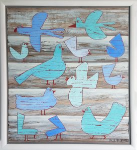 a blue painting of stylized birds