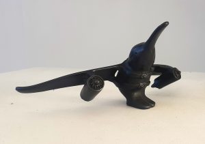 a bronze kiwi with wings and jet engines