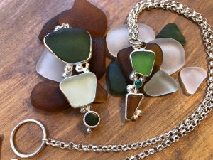 Sterling silver seaglass pendants with precious and semi-precious stones