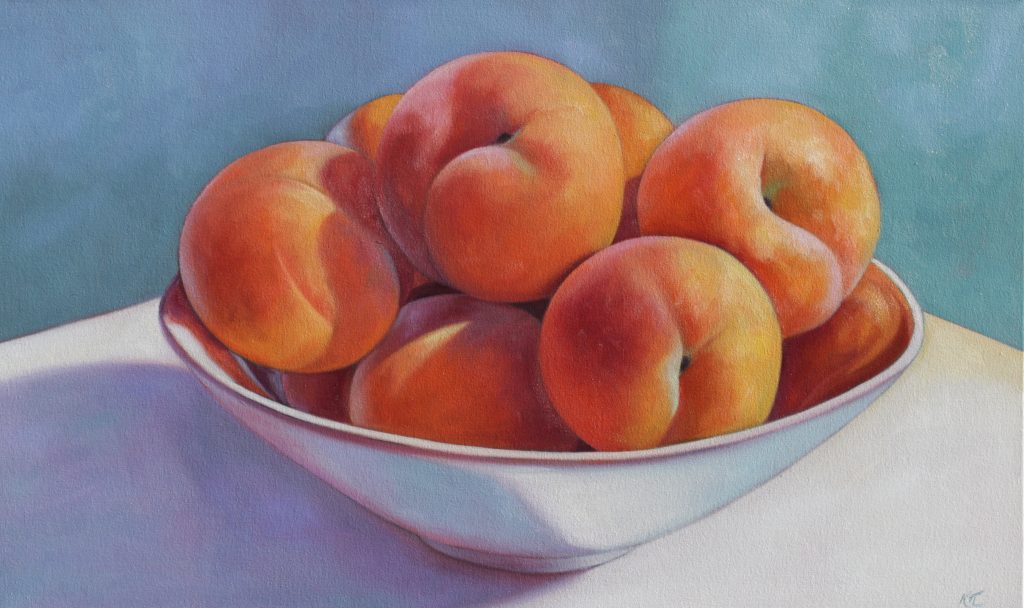 Painting of apricots in a bowl